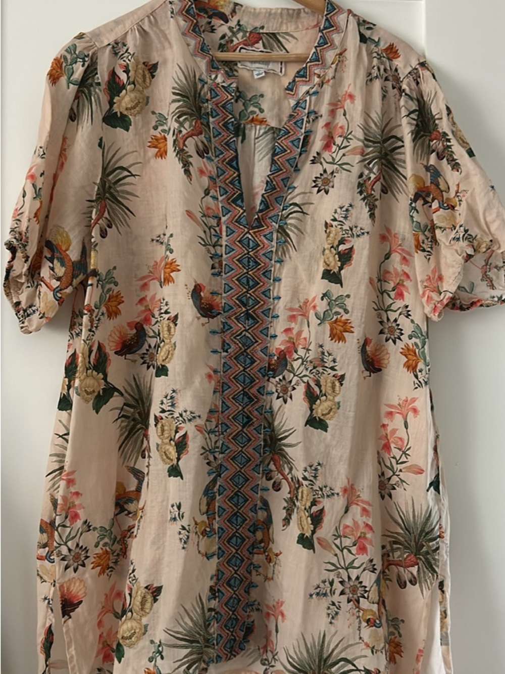 Johnny Was Blush Pink Floral & Bird Embroidered V-Neck Tunic